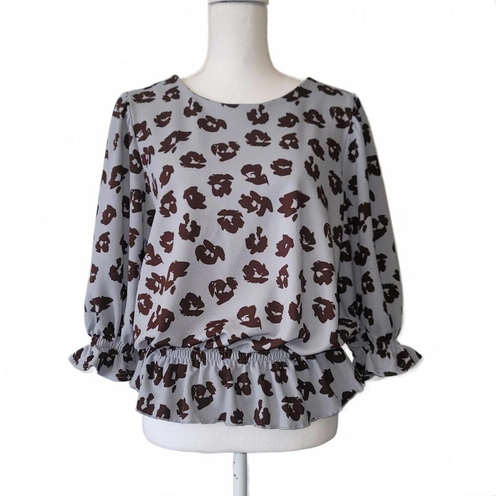 Melloday Blouse Blue Brown Ruffle Smocked Bell Sleeve Peplum Business Casual XL